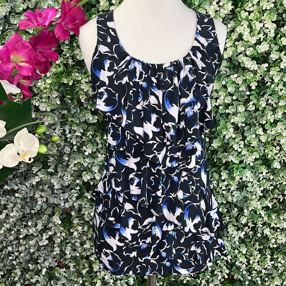 White House Black Market Sleeveless Ruffle Print Top